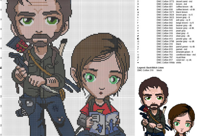 Joel and Ellie (The Last of Us) free cross stitch pattern 138x201 31 colors