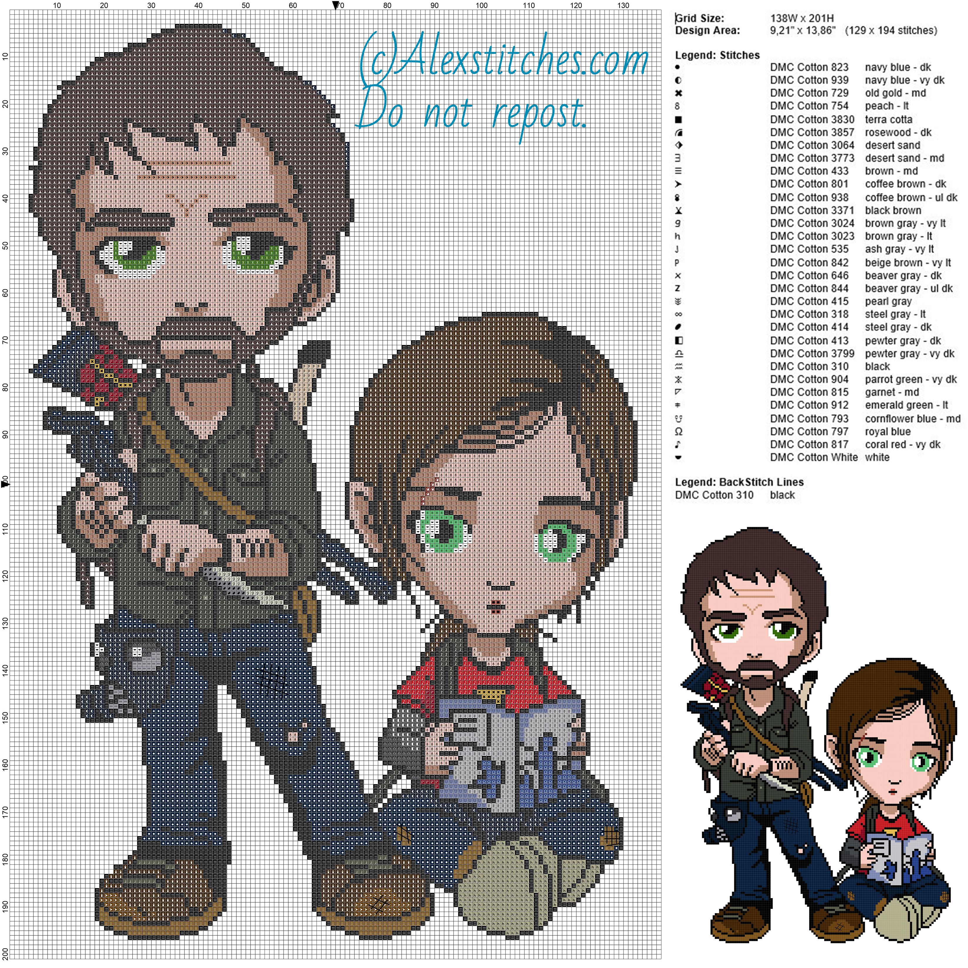 Joel and Ellie (The Last of Us) free cross stitch pattern 138x201 31 colors