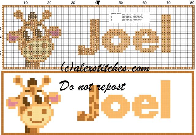 Joel name with giraffe cross stitch pattern