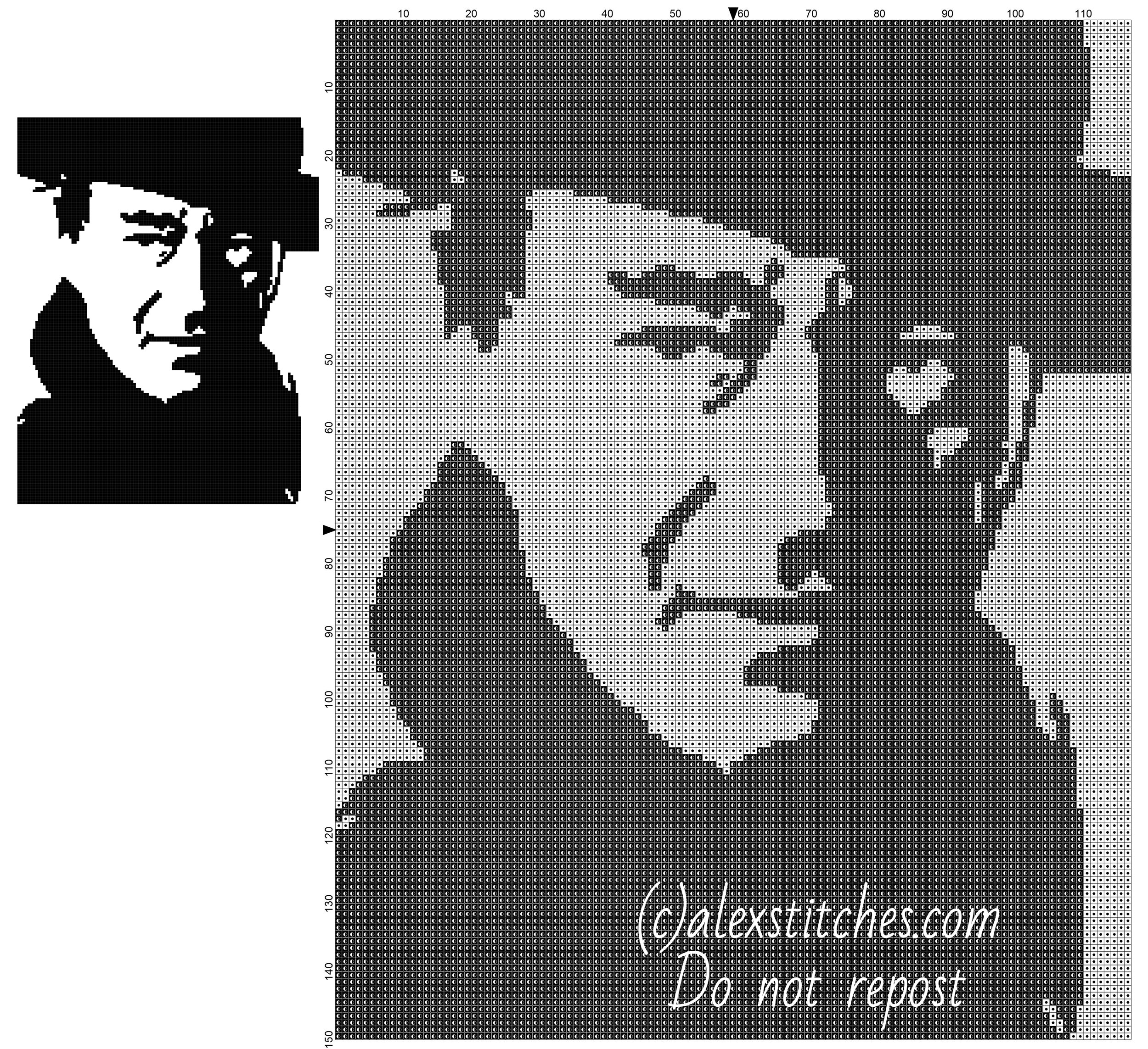 John Wayne free cross stitch pattern painting black and white in 150 stitches