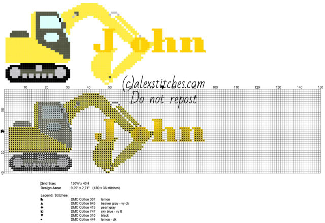 John cross stitch baby male name with the excavator