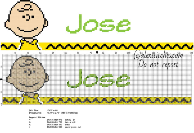 Jose cross stitch baby male name with Peanuts Charlie Brown