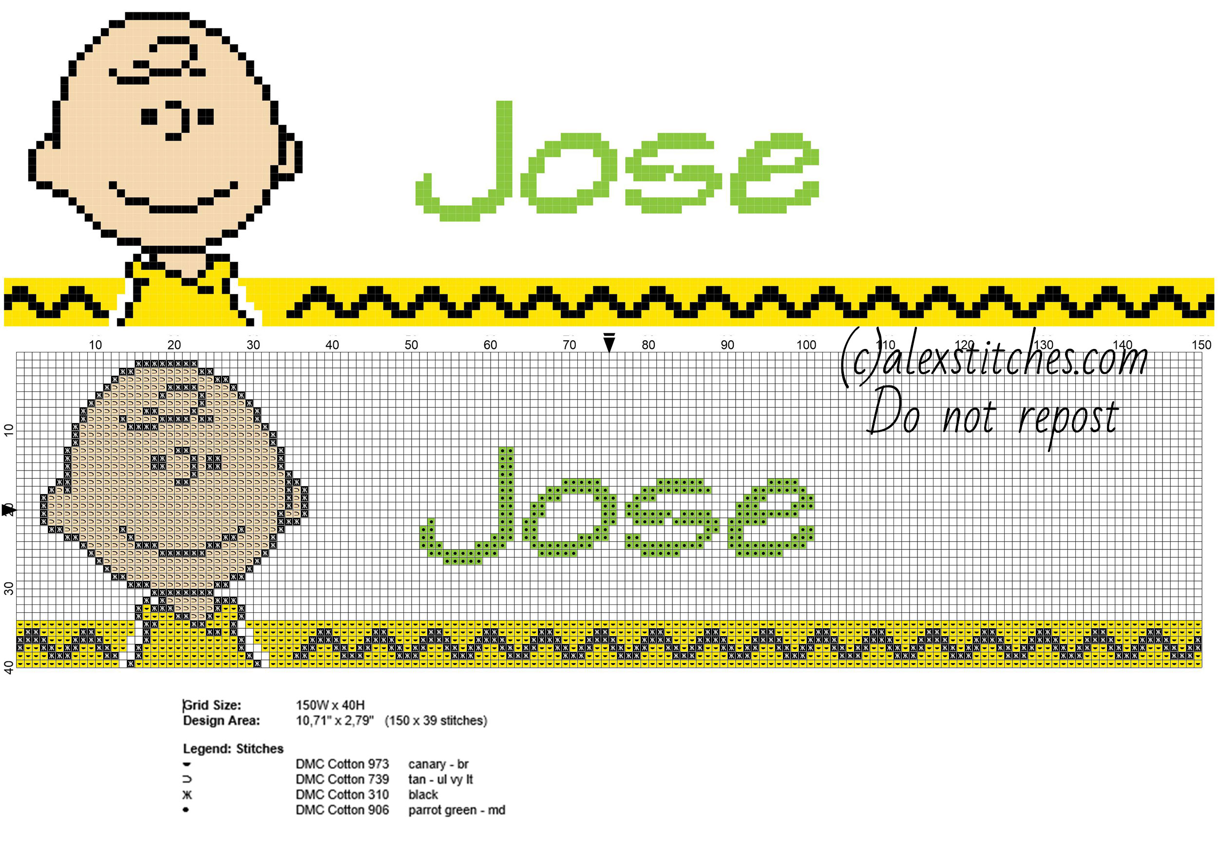 Jose cross stitch baby male name with Peanuts Charlie Brown