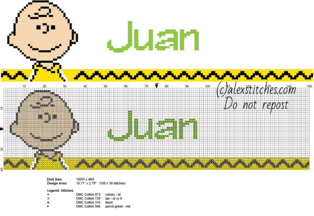 Juan cross stitch baby male name with Charlie Brown Peanuts