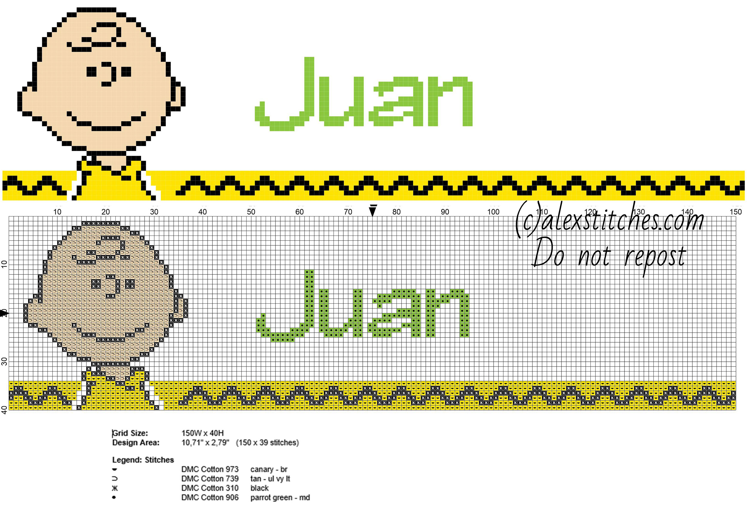 Juan cross stitch baby male name with Charlie Brown Peanuts