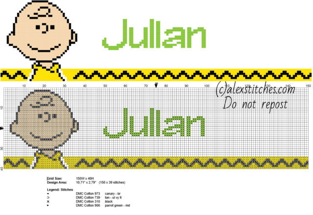 Julian cross stitch baby male name with Charlie Brown Peanuts cartoons