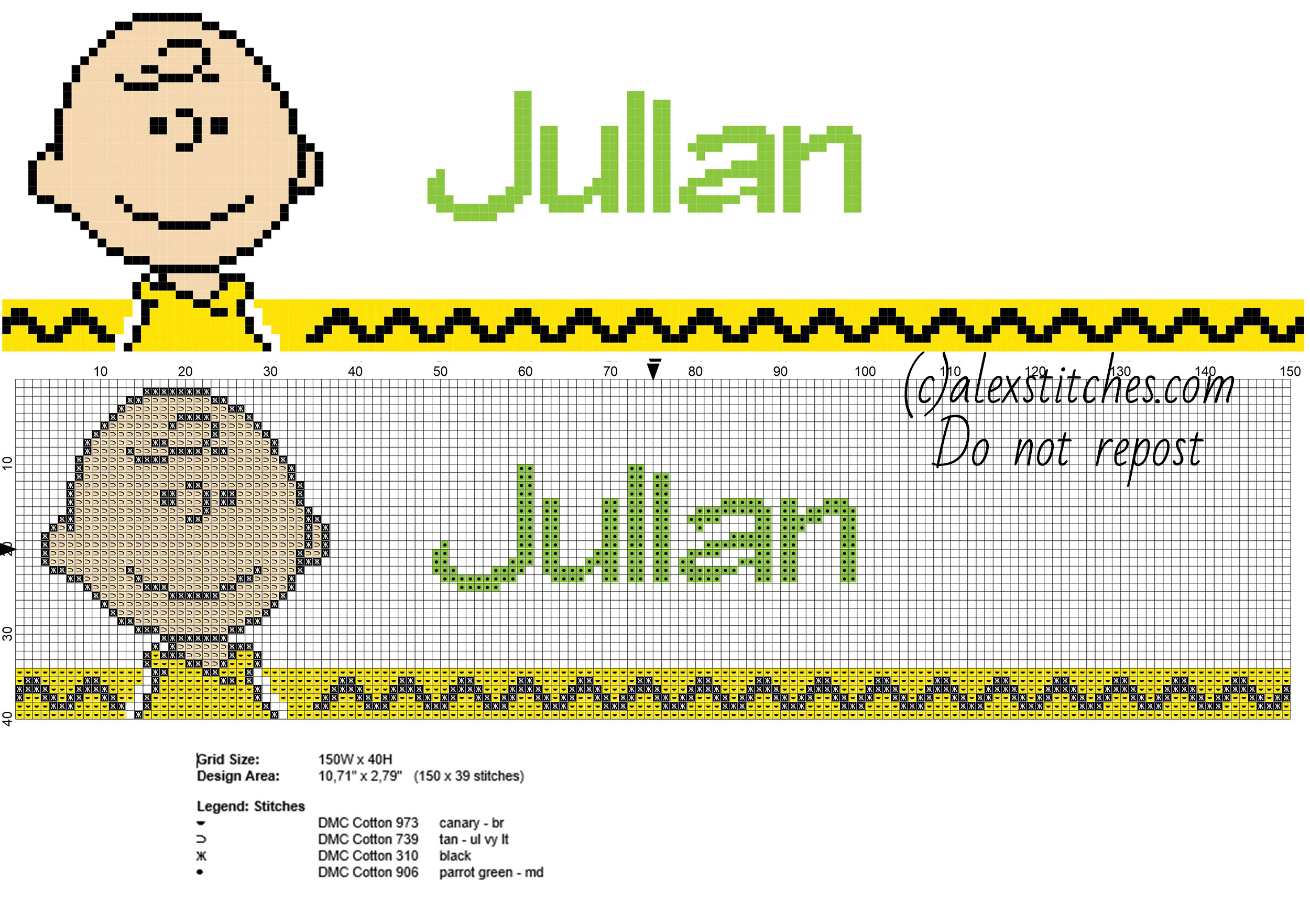 Julian cross stitch baby male name with Charlie Brown Peanuts cartoons