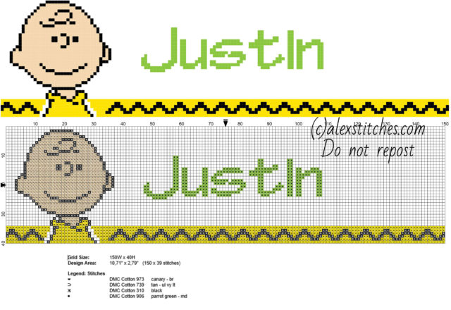 Justin cross stitch baby male name with Peanuts Charlie Brown