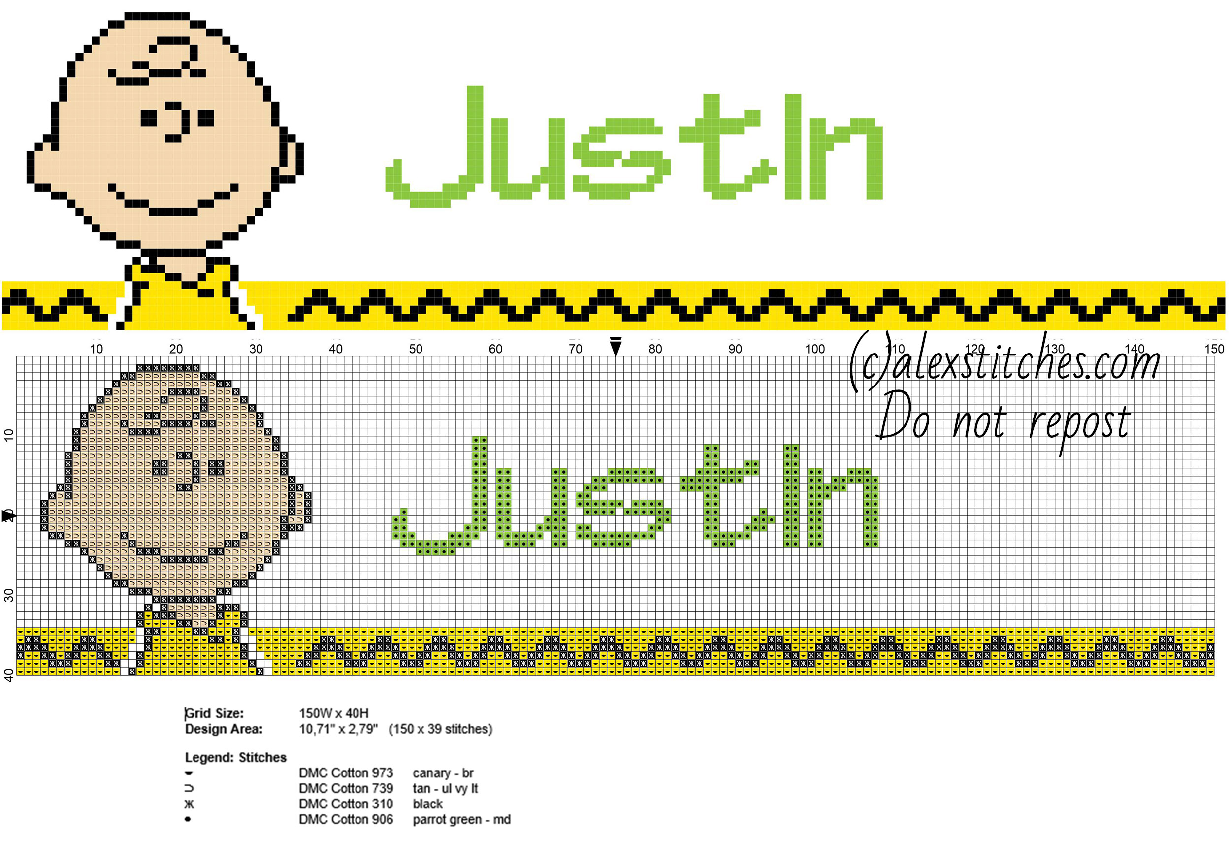 Justin cross stitch baby male name with Peanuts Charlie Brown