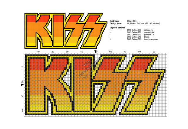 KISS logo free cross stitch pattern 97x42