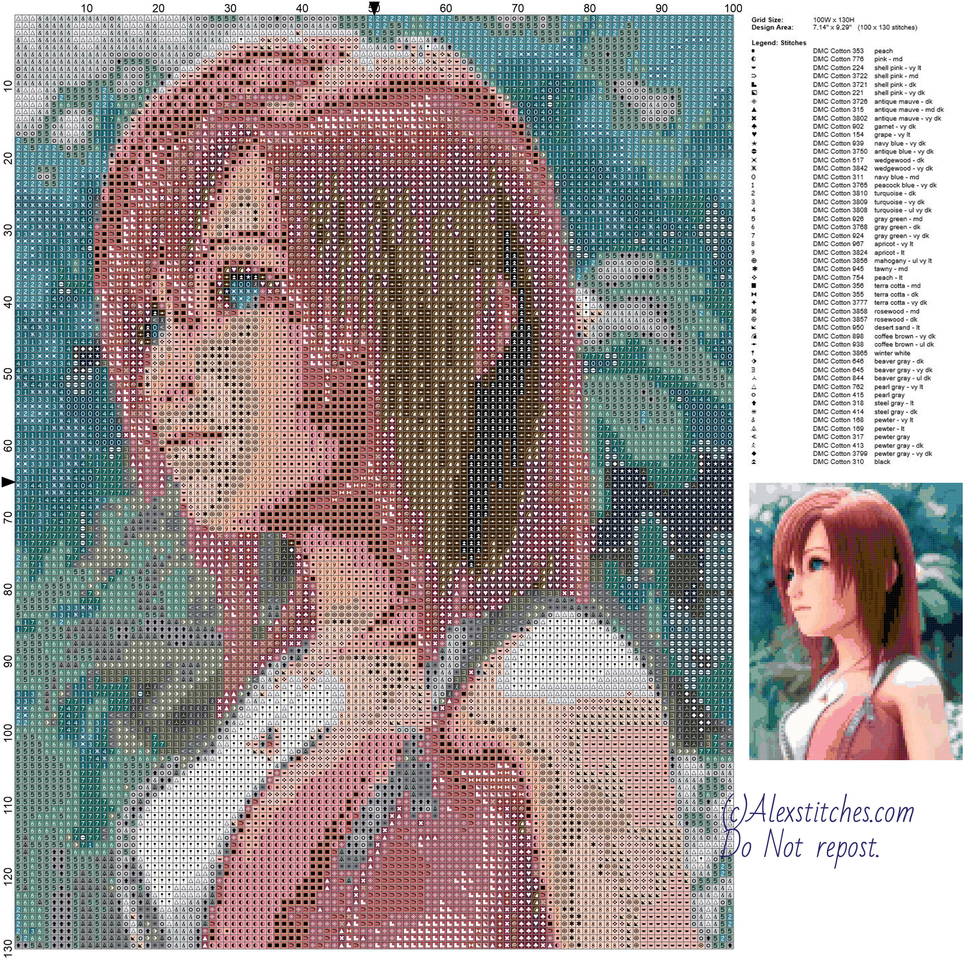 Kairi (Kingdom Hearts 2) free cross stitch pattern 100x130 50 colors