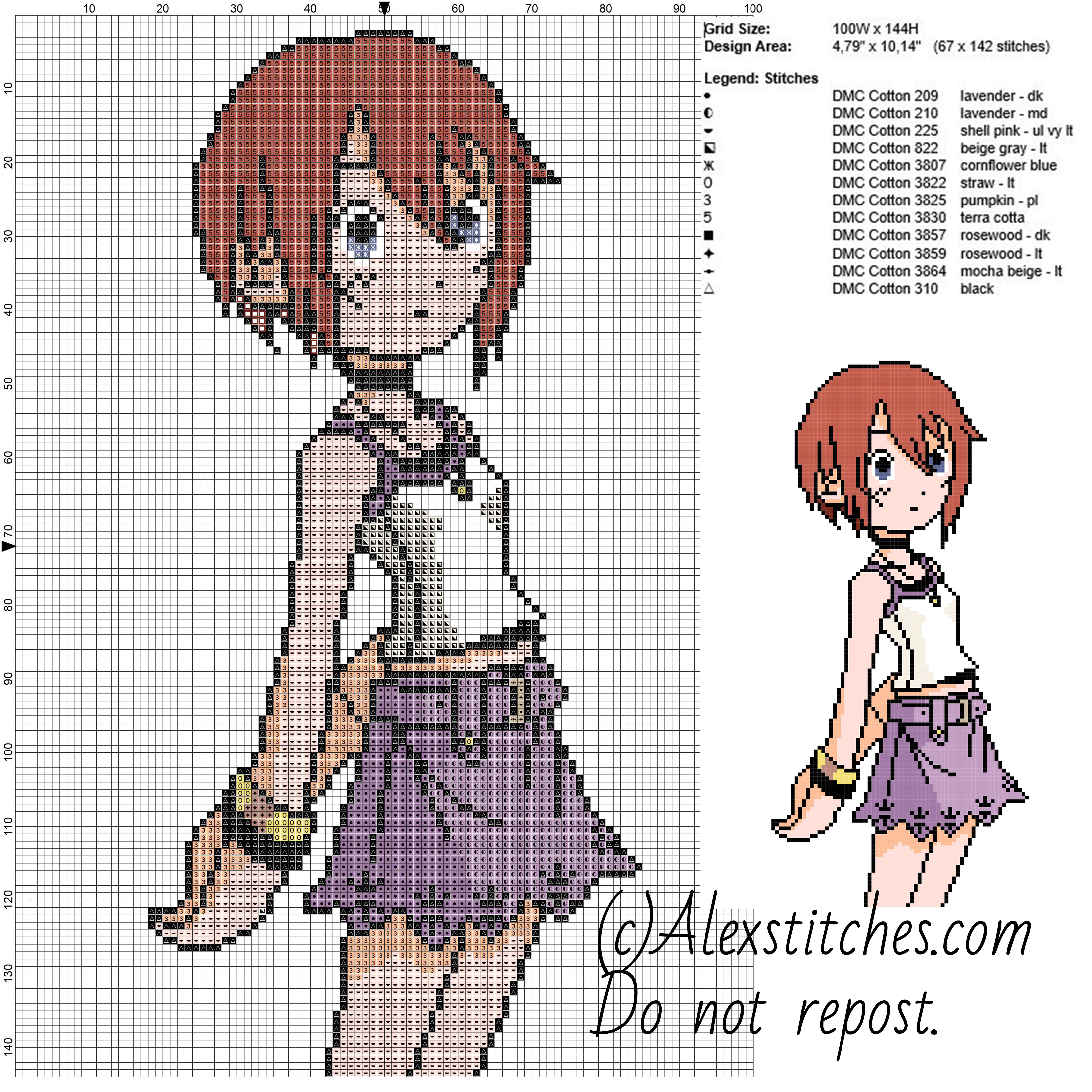 Kairi Kingdom Hearts free videogames cross stitch pattern 100x144 12 colors