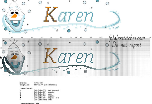 Karen cross stitch pattern name with Disney Frozen Olaf free download