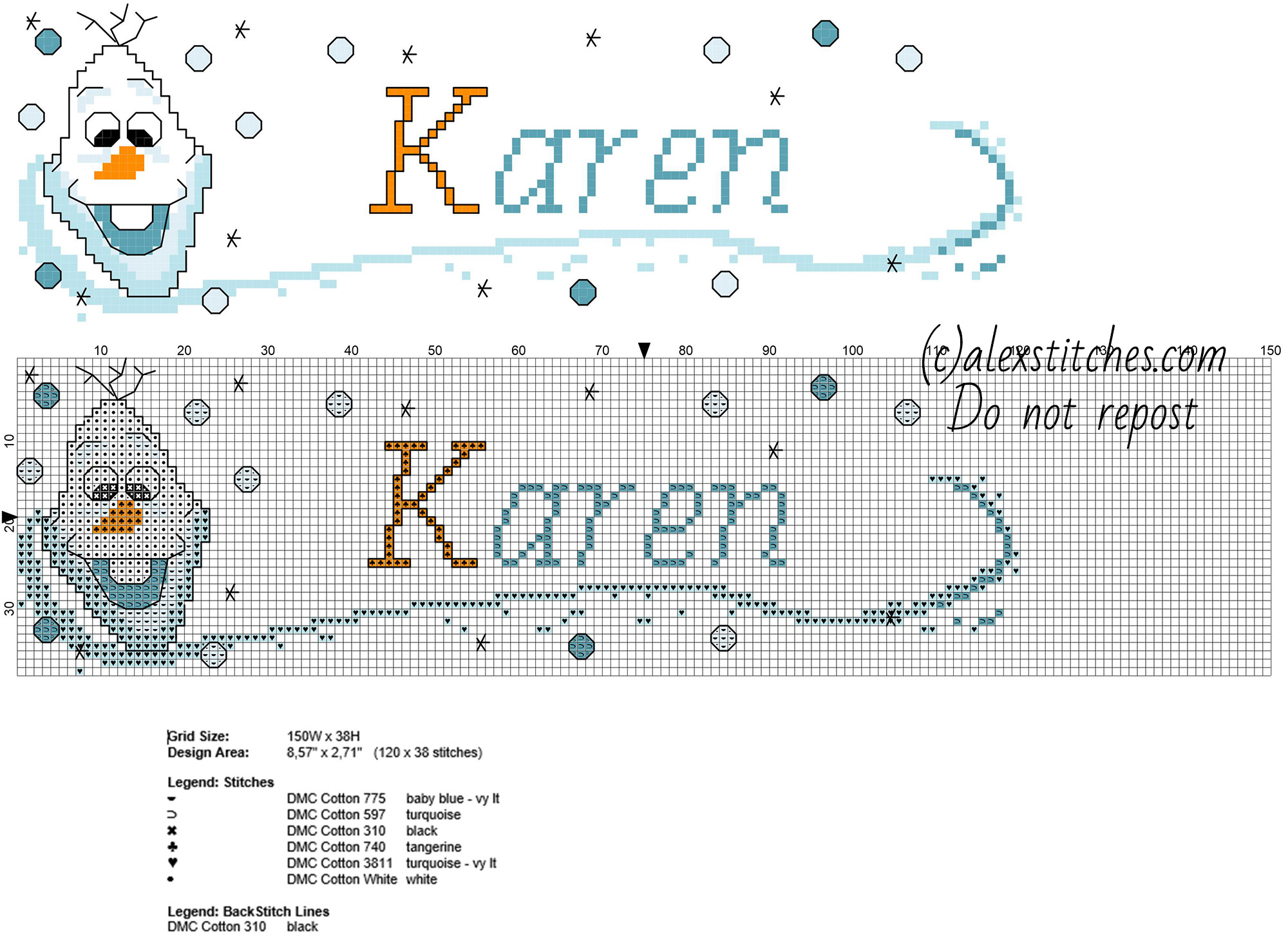 Karen cross stitch pattern name with Disney Frozen Olaf free download