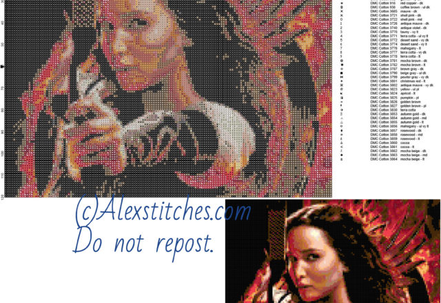 Katniss (Hunger Games) free cross stitch pattern 150x120 50 colors