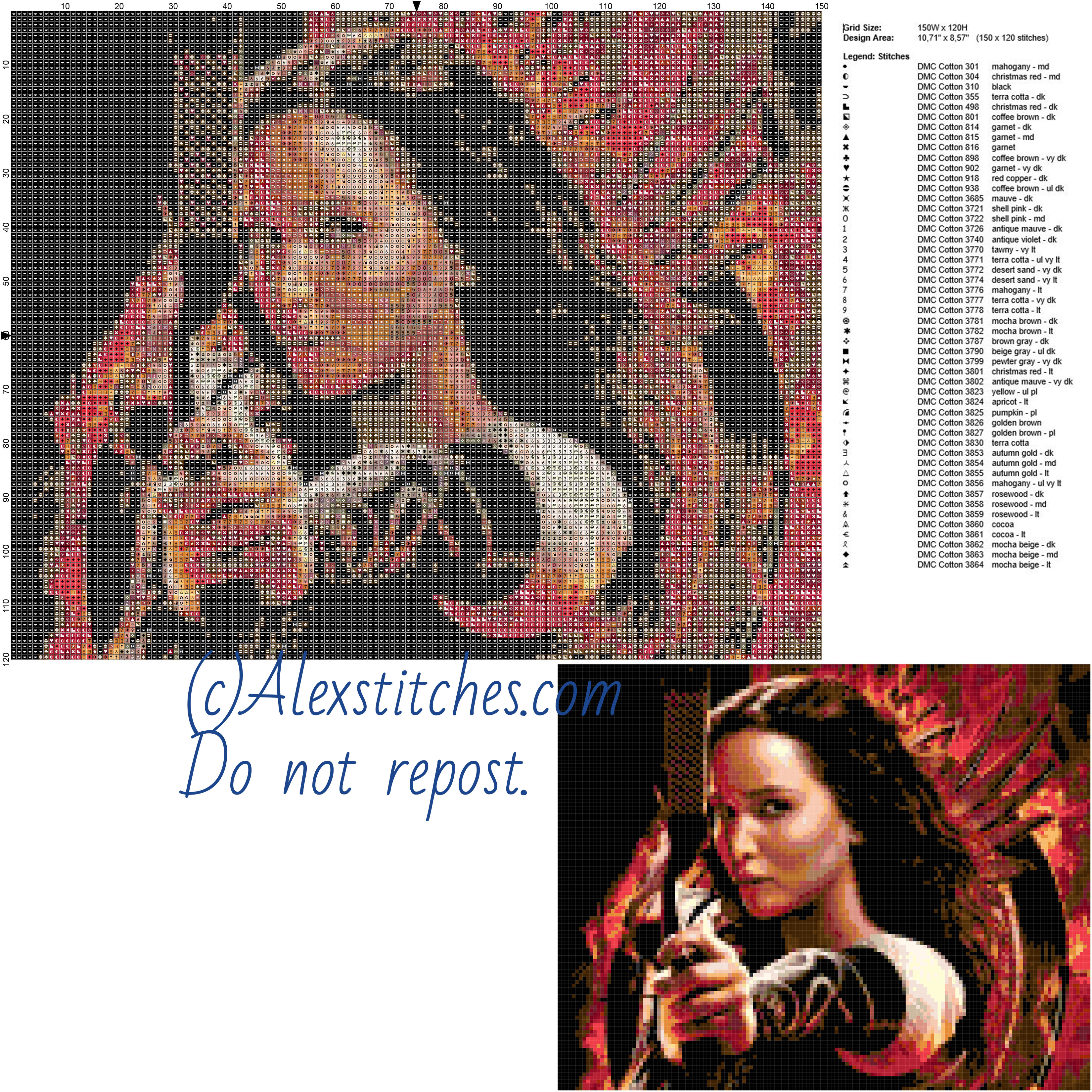 Katniss (Hunger Games) free cross stitch pattern 150x120 50 colors