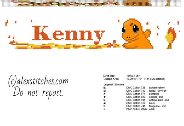 Kenny name with Charmander Pokemon free cross stitch pattern baby bibs idea