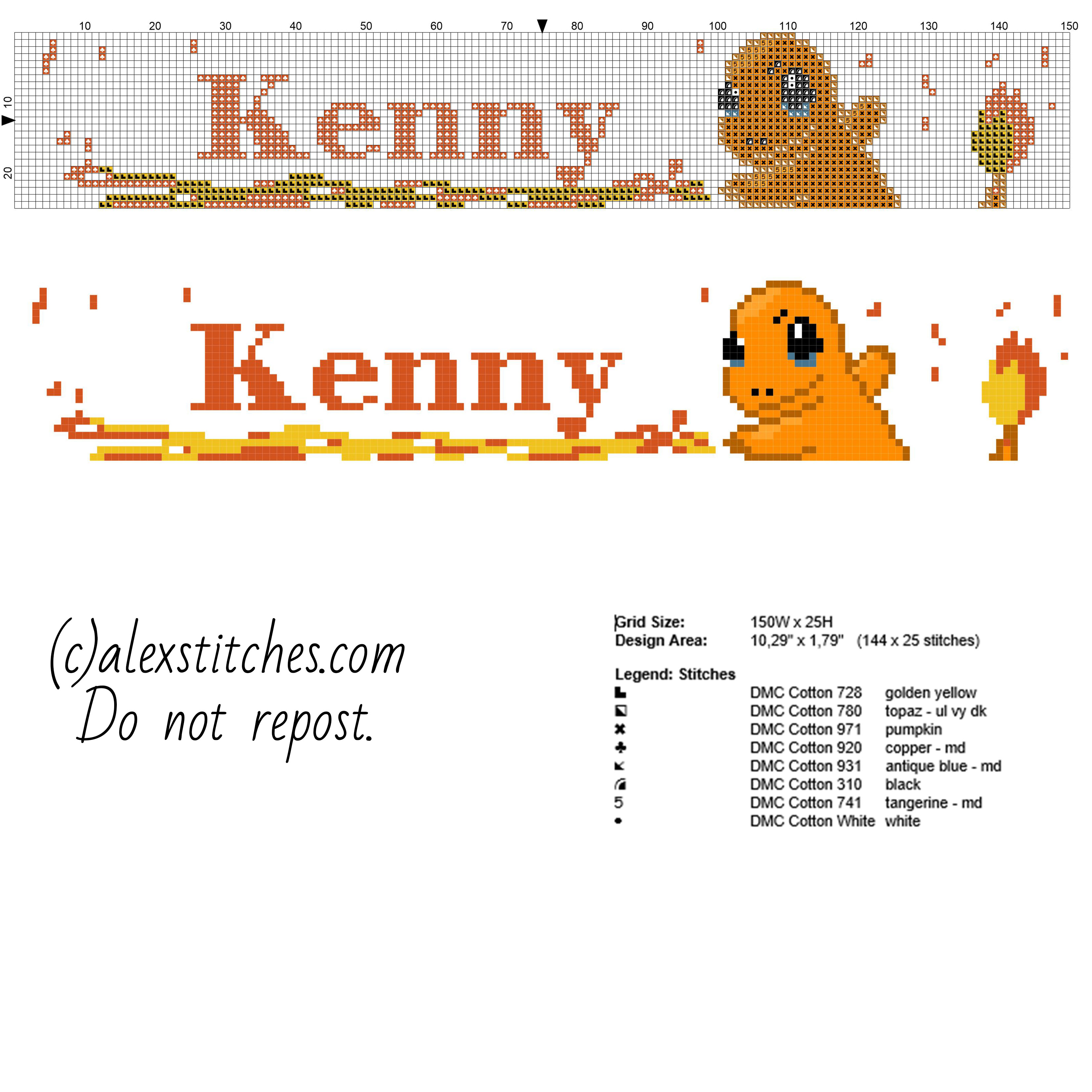 Kenny name with Charmander Pokemon free cross stitch pattern baby bibs idea