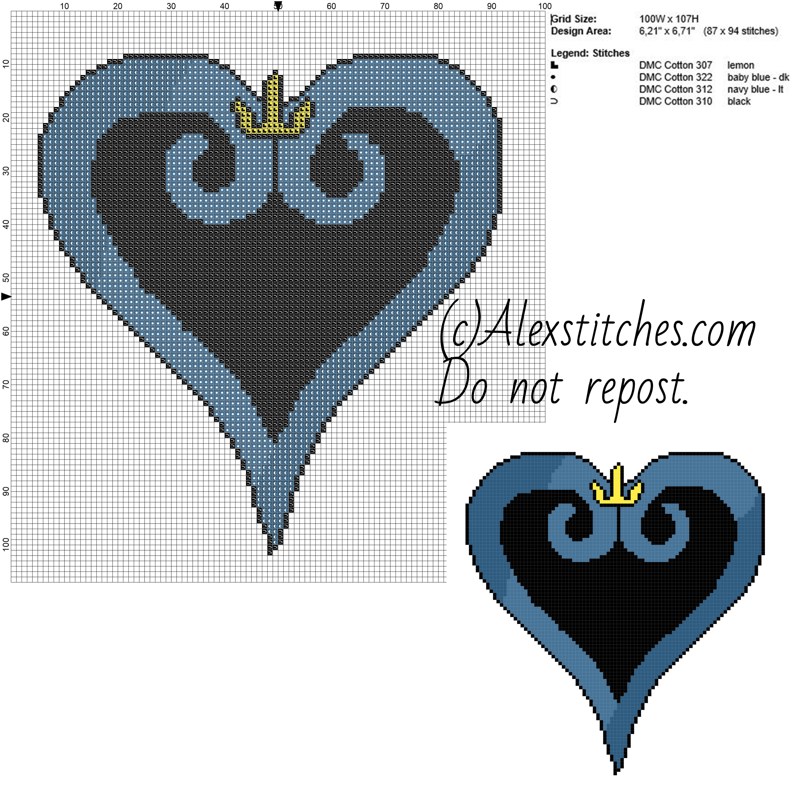 Kingdom Hearts Symbol free videogames cross stitch pattern 100x107 4 colors