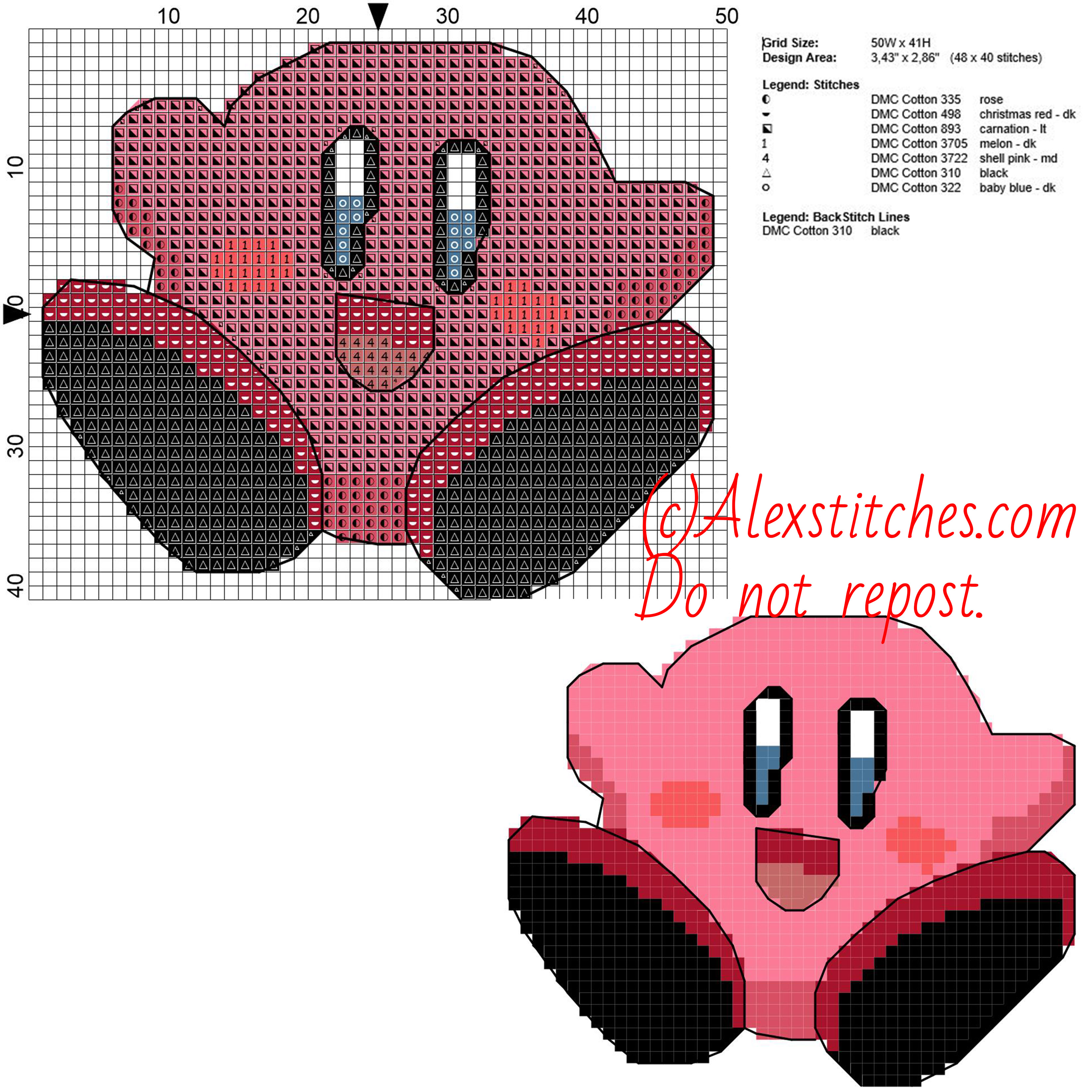 Kirby free videogames cross stitch pattern 50x41 7 colors