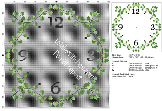 Kitchen square clock 101 x 101 free cross stitch pattern with ivy