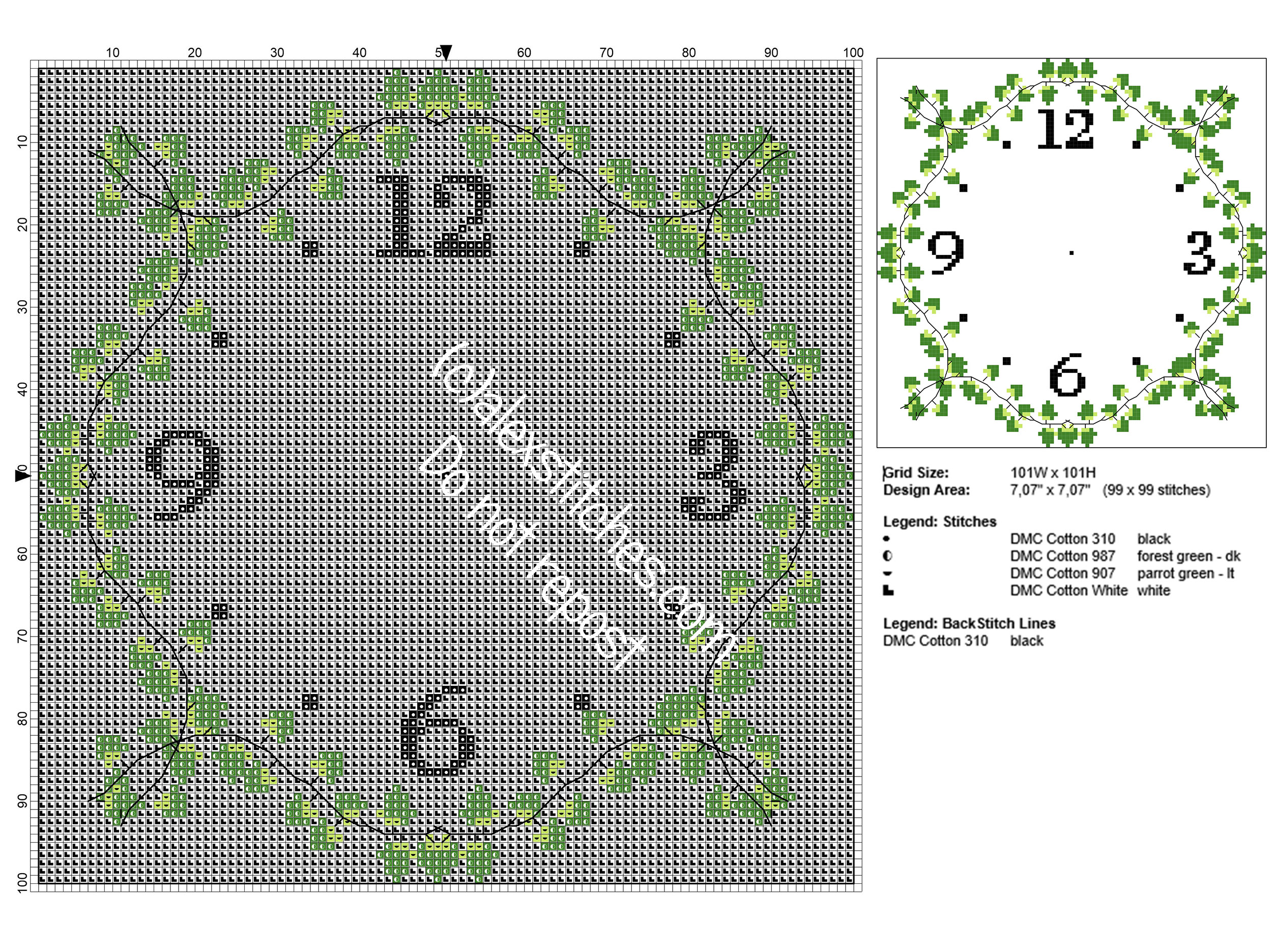 Kitchen square clock 101 x 101 free cross stitch pattern with ivy