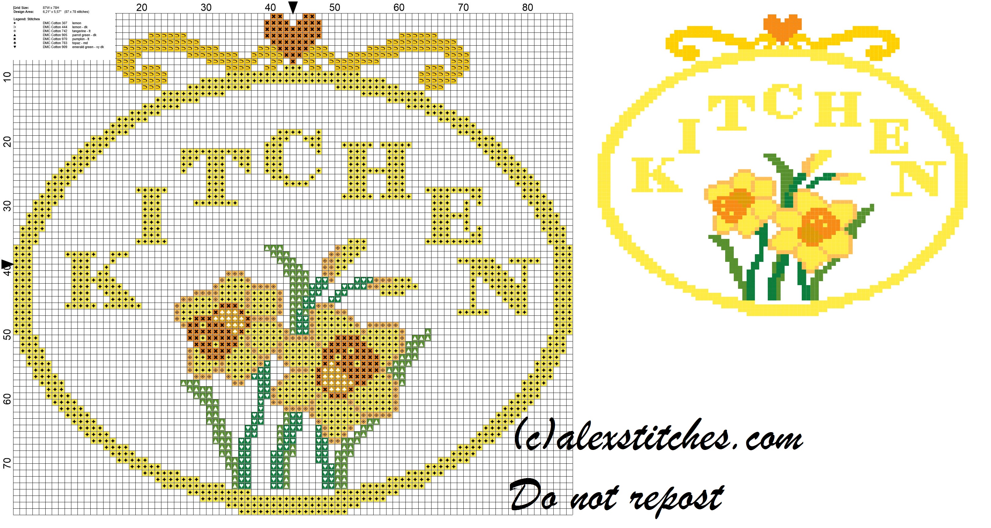 Kitchen with daffodils cross stitch pattern