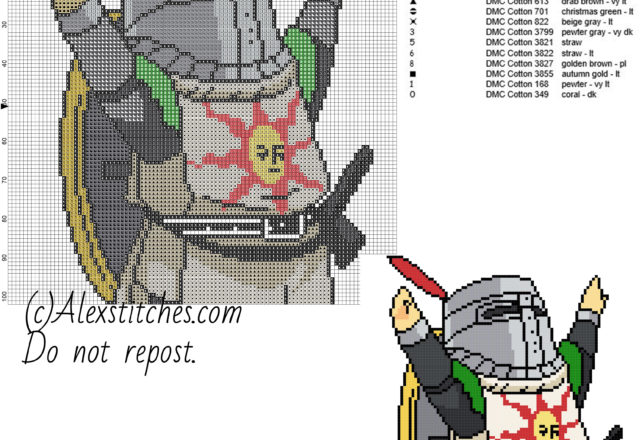 Knight Solaire Dark Souls free videogames cross stitch pattern 100x102 14 colors