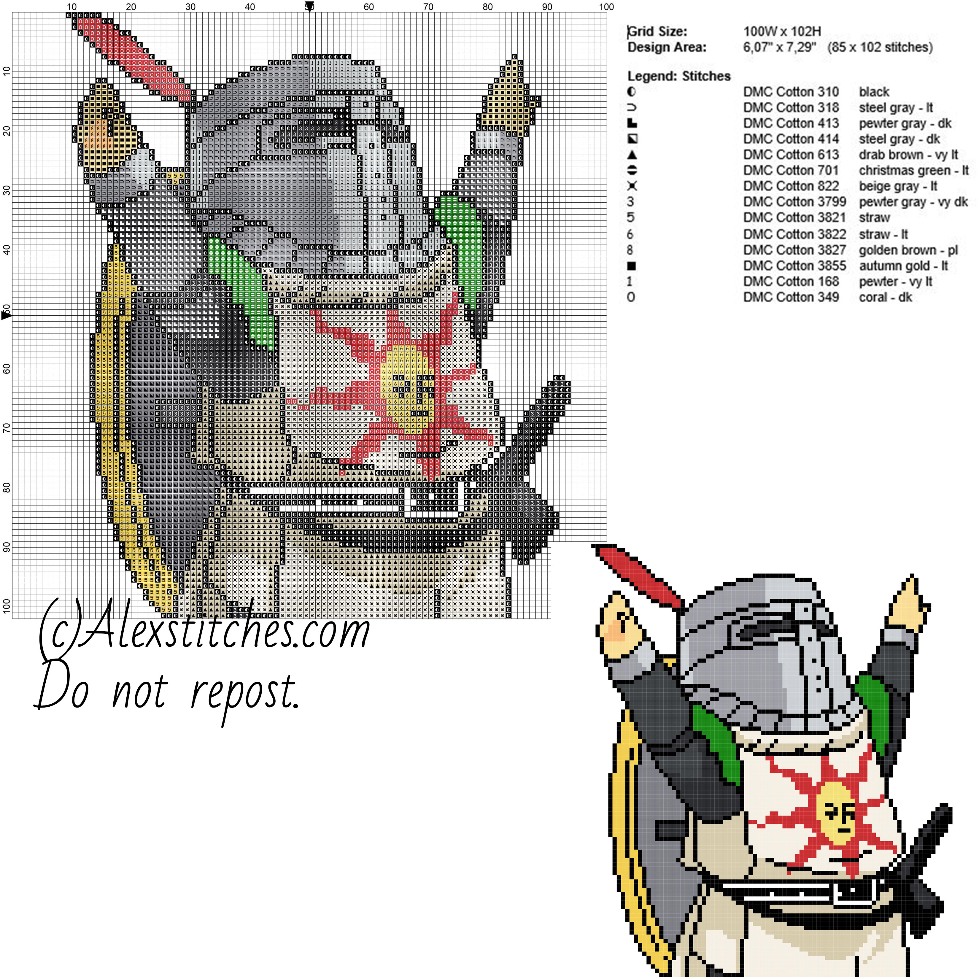 Knight Solaire Dark Souls free videogames cross stitch pattern 100x102 14 colors