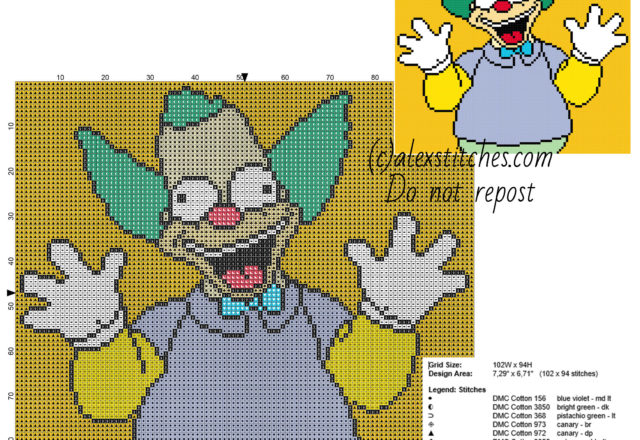 Krusty The Clown The Simpsons cartoons character free cross stitch pattern