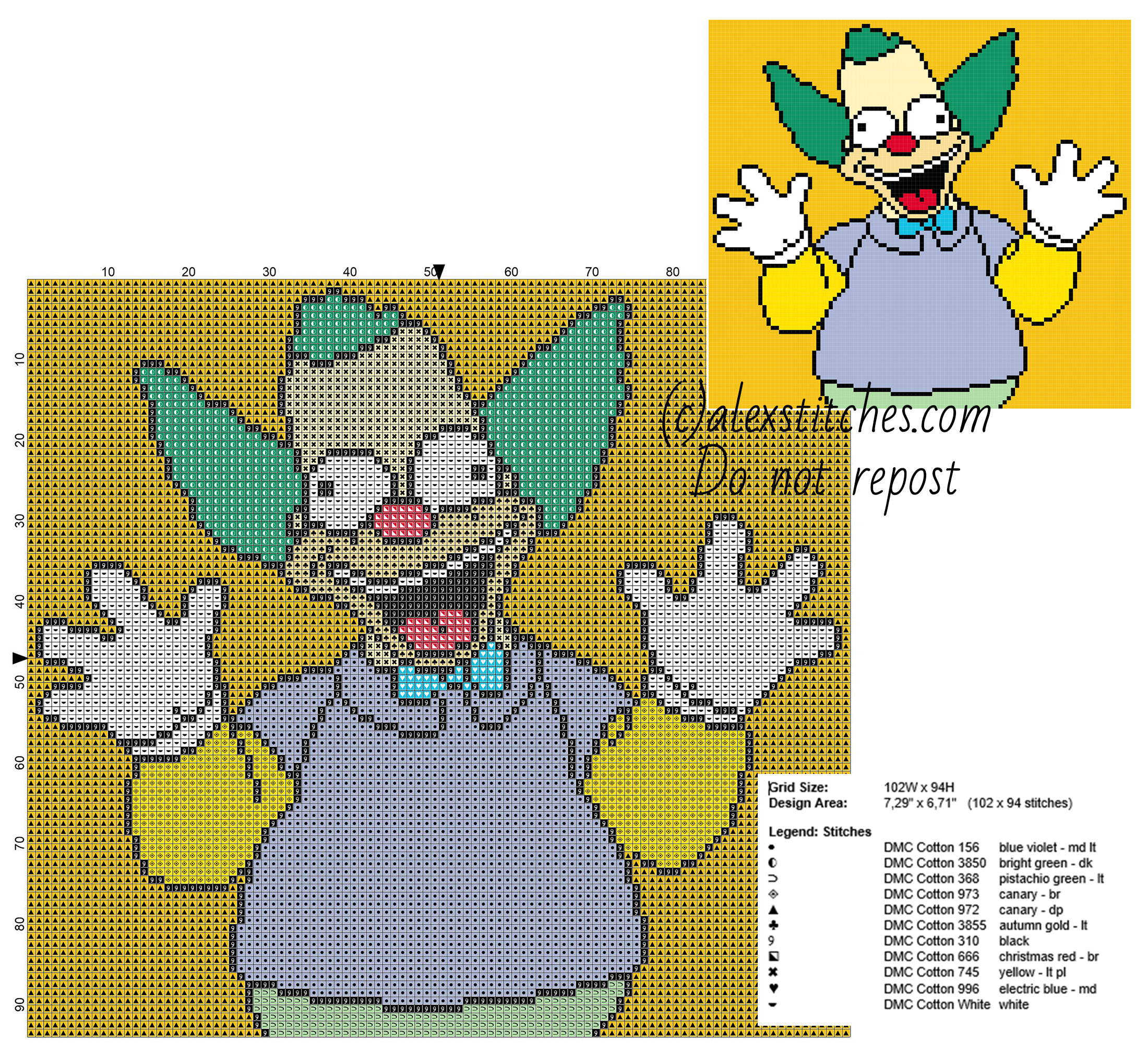 Krusty The Clown The Simpsons cartoons character free cross stitch pattern