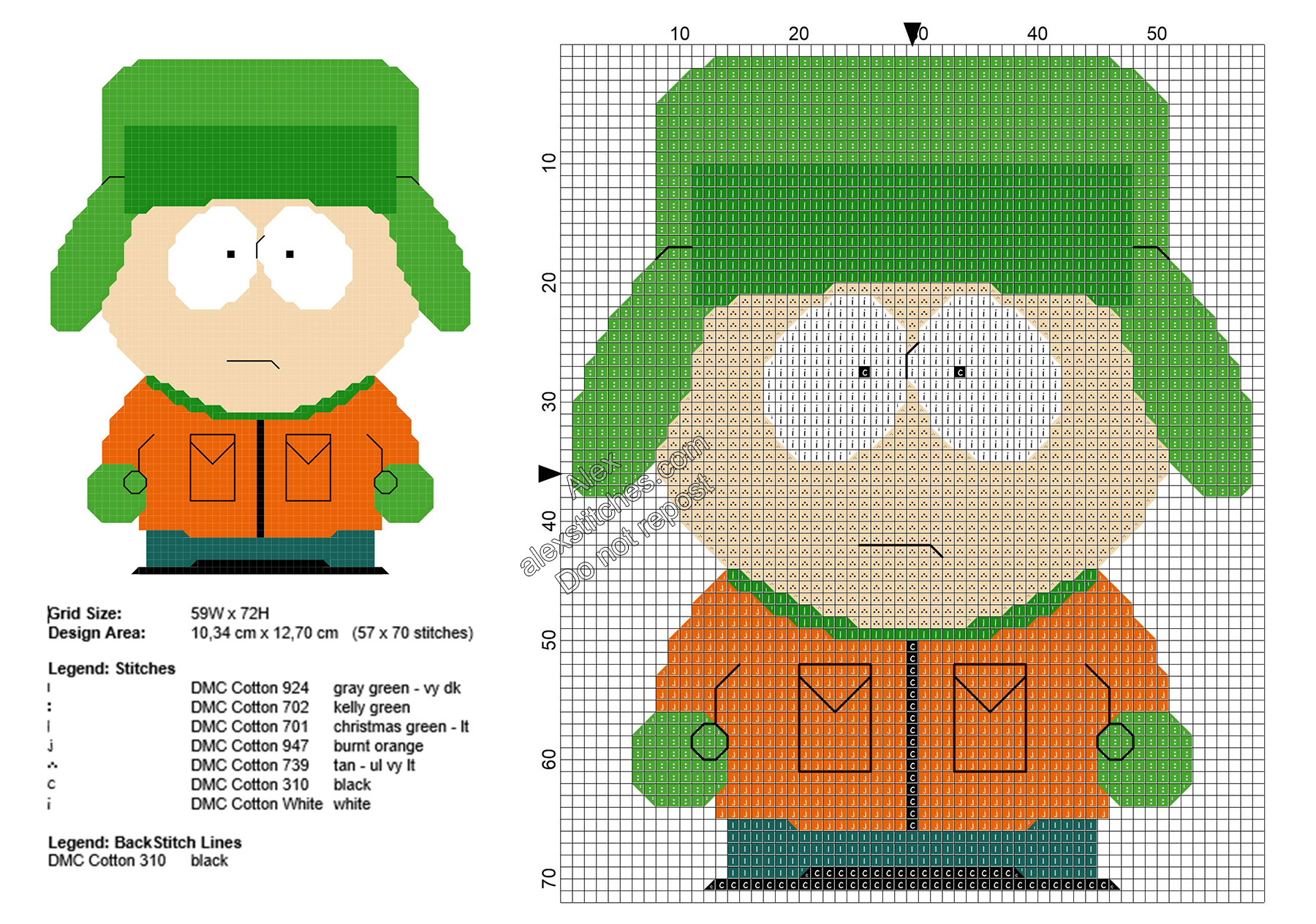 Kyle South Park character free cross stitch pattern 57x70