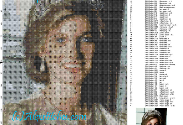 Lady Diana cross stitch pattern 100x143 100 colors