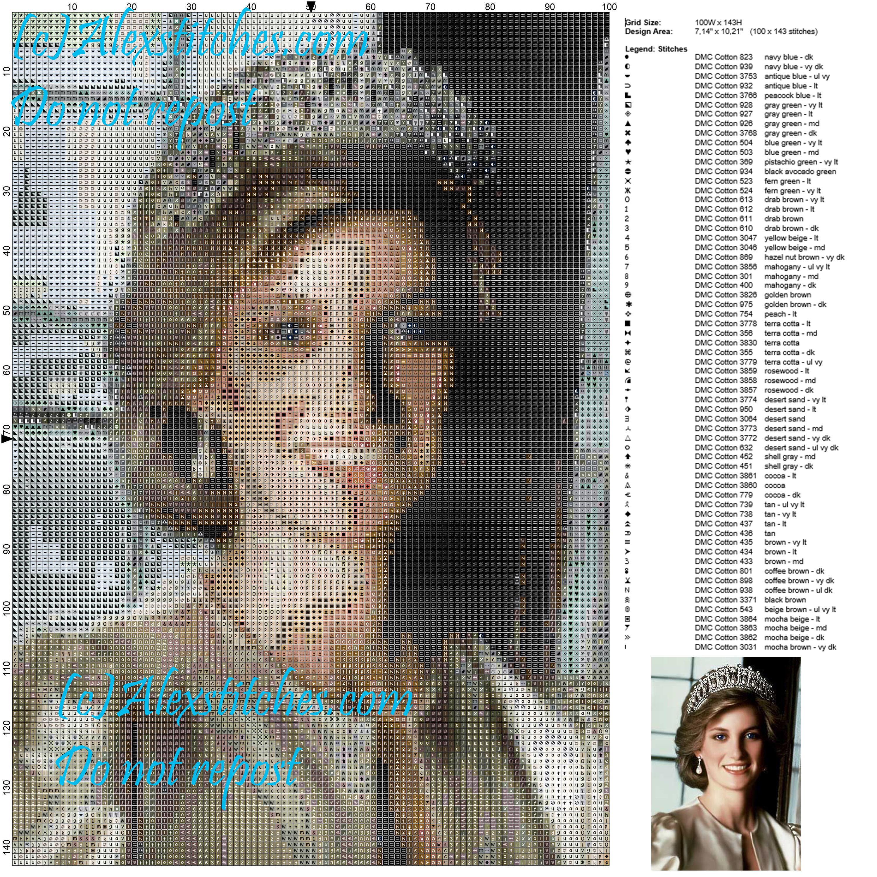 Lady Diana cross stitch pattern 100x143 100 colors