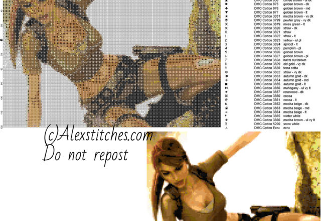 Lara Croft Tomb Raider free videogames cross stitch pattern 150x120 40 colors