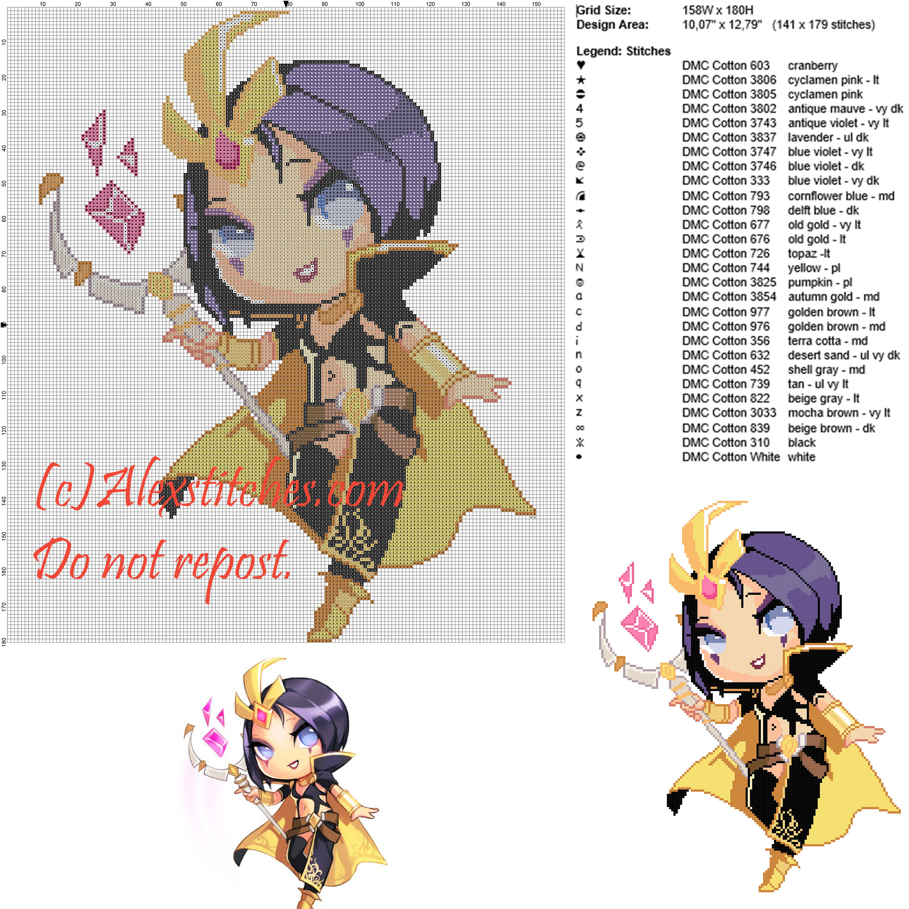 LeBlanc (League Of Legends) cross stitch pattern 158x180 28 colors