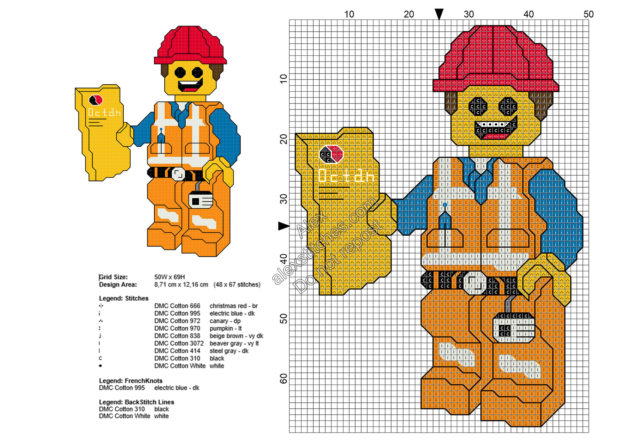 Lego hard hat Emmet The Lego Movie free cross stitch pattern 48x67