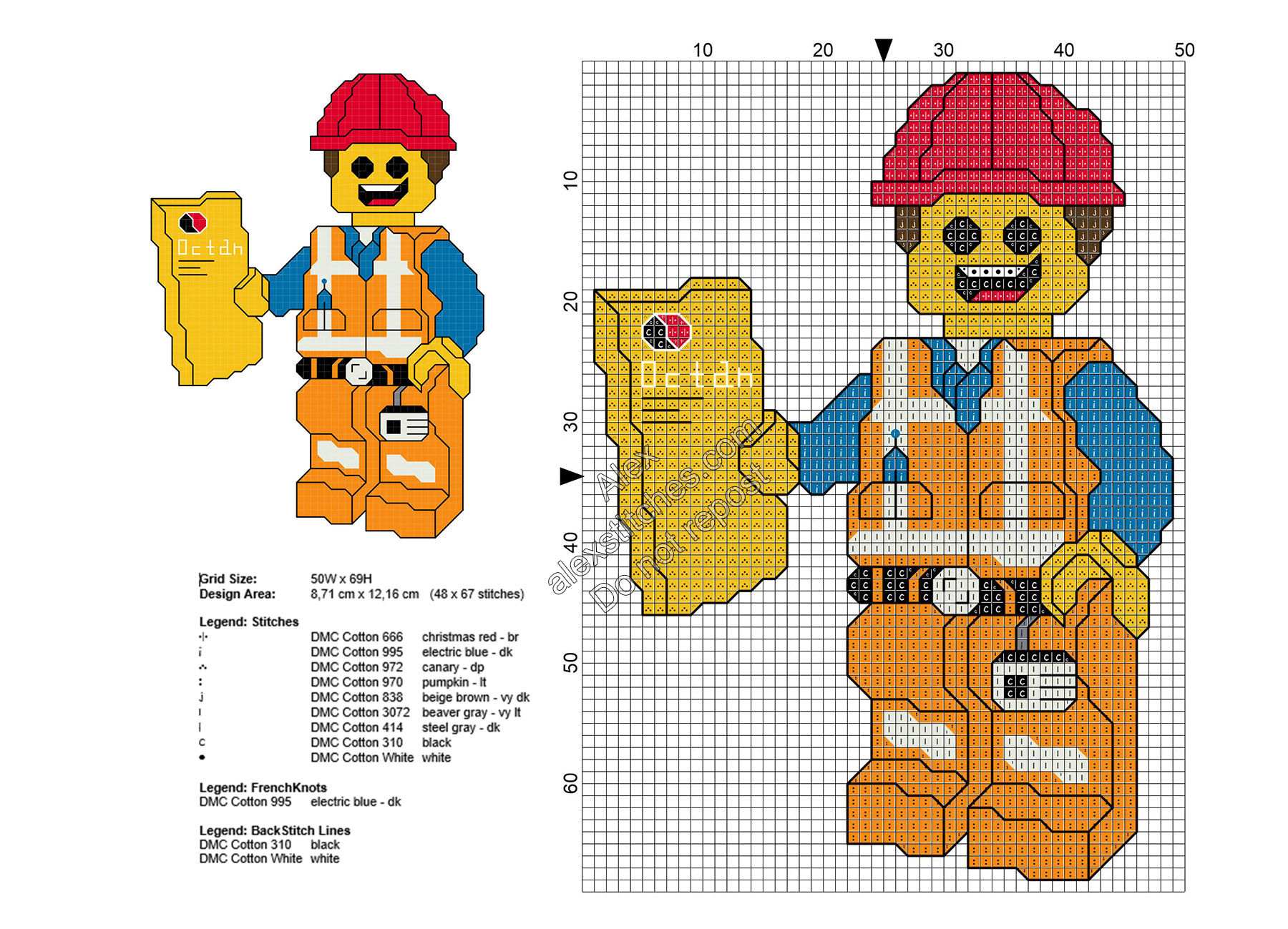 Lego hard hat Emmet The Lego Movie free cross stitch pattern 48x67