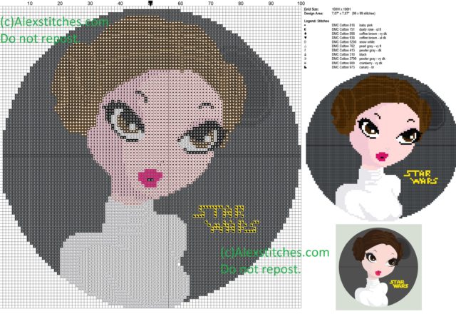 Leia (Star Wars) cross stitch pattern 100x100 12 colors