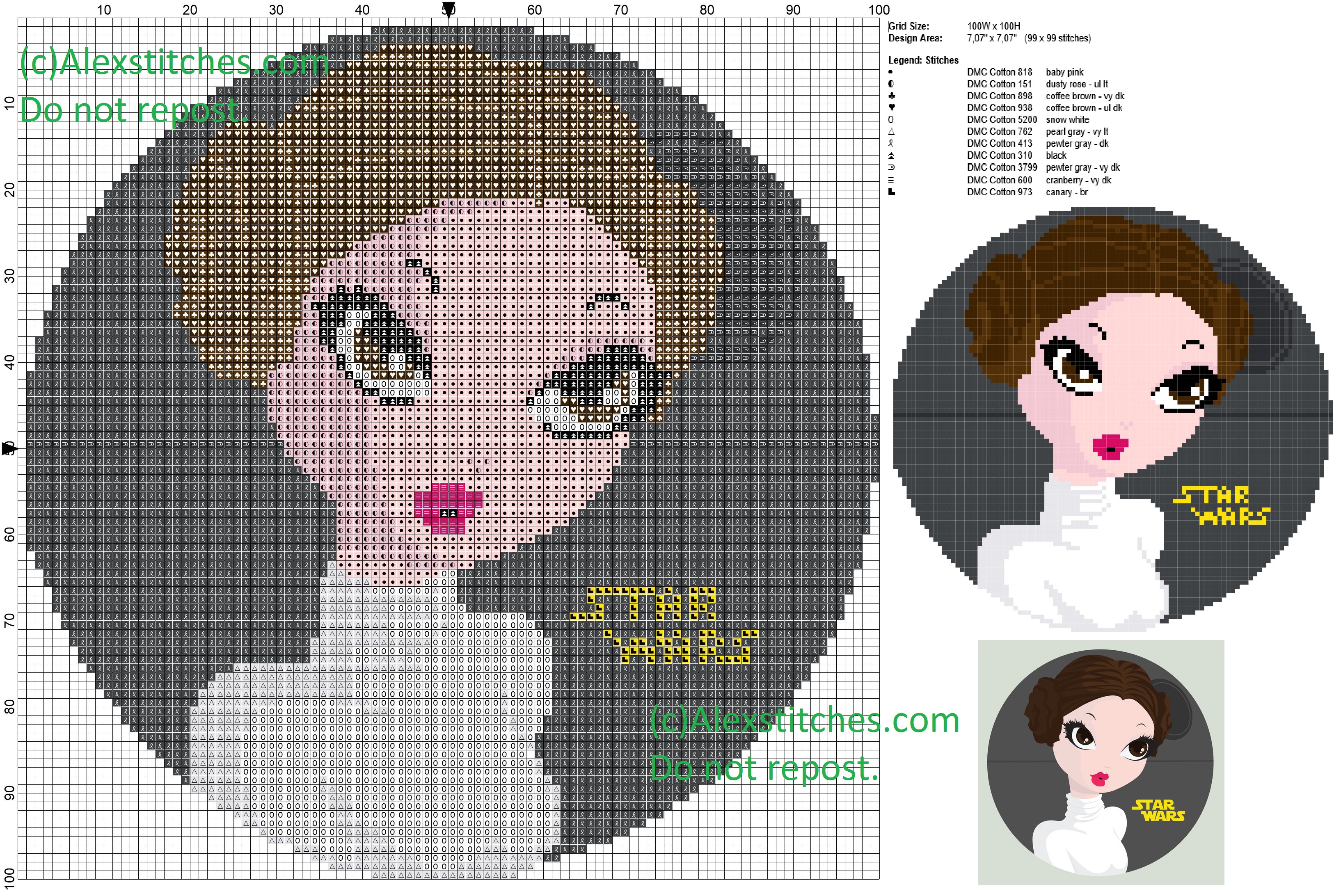 Leia (Star Wars) cross stitch pattern 100x100 12 colors