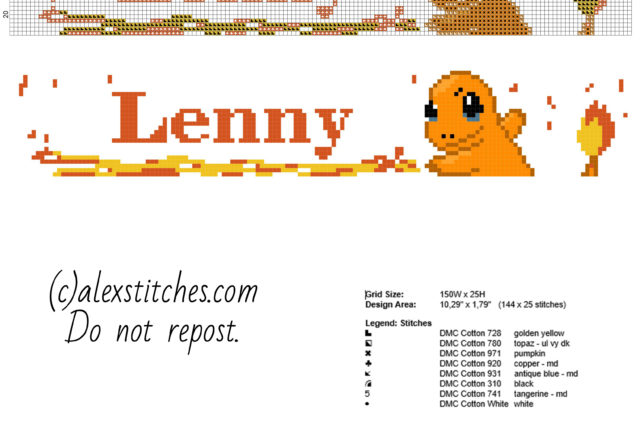 Lenny cross stitch baby male name with Charmander free download