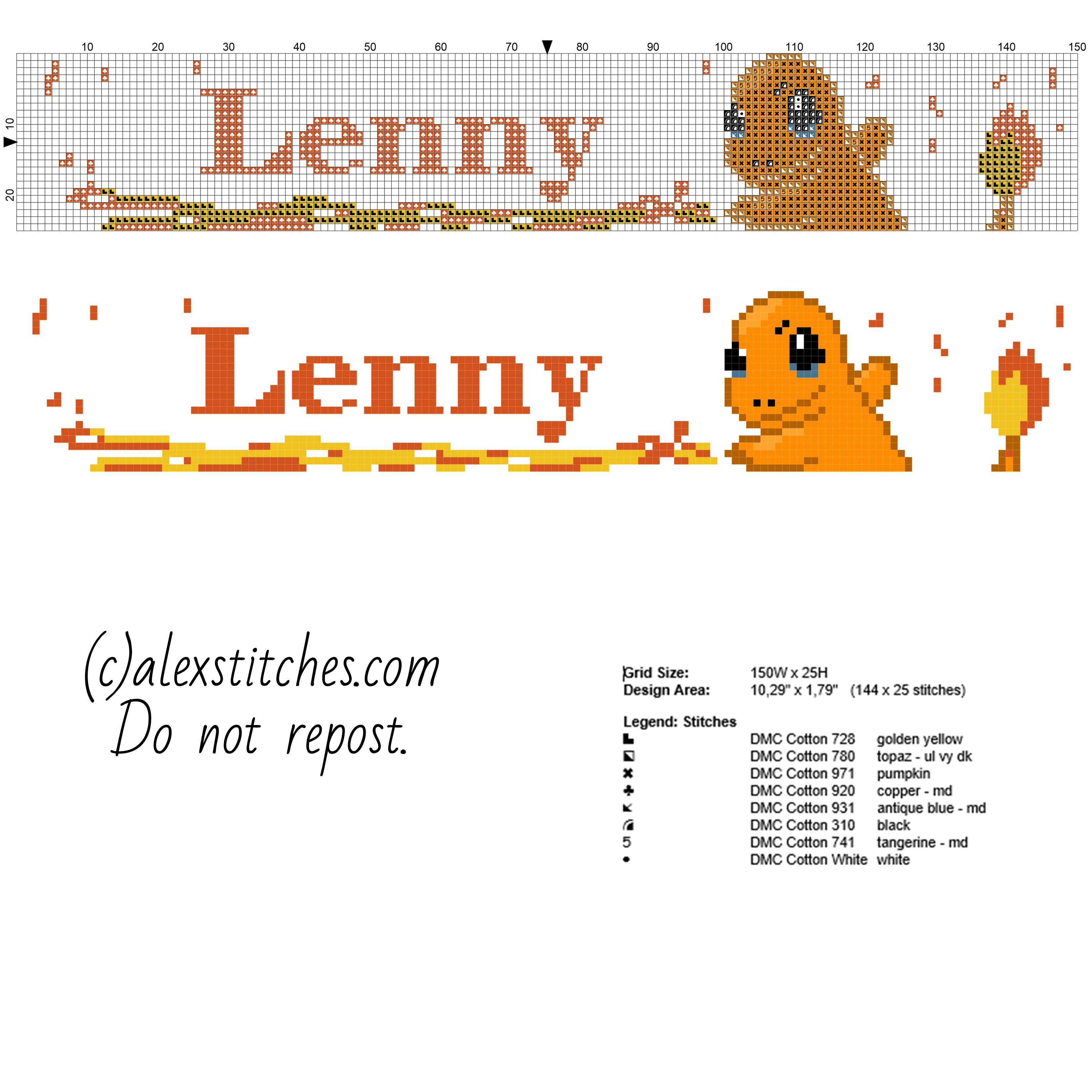 Lenny cross stitch baby male name with Charmander free download