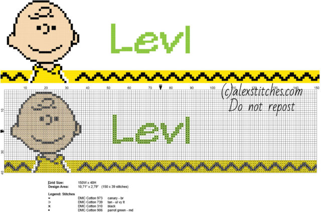 Levi cross stitch baby male name with Charlie Brown Peanuts