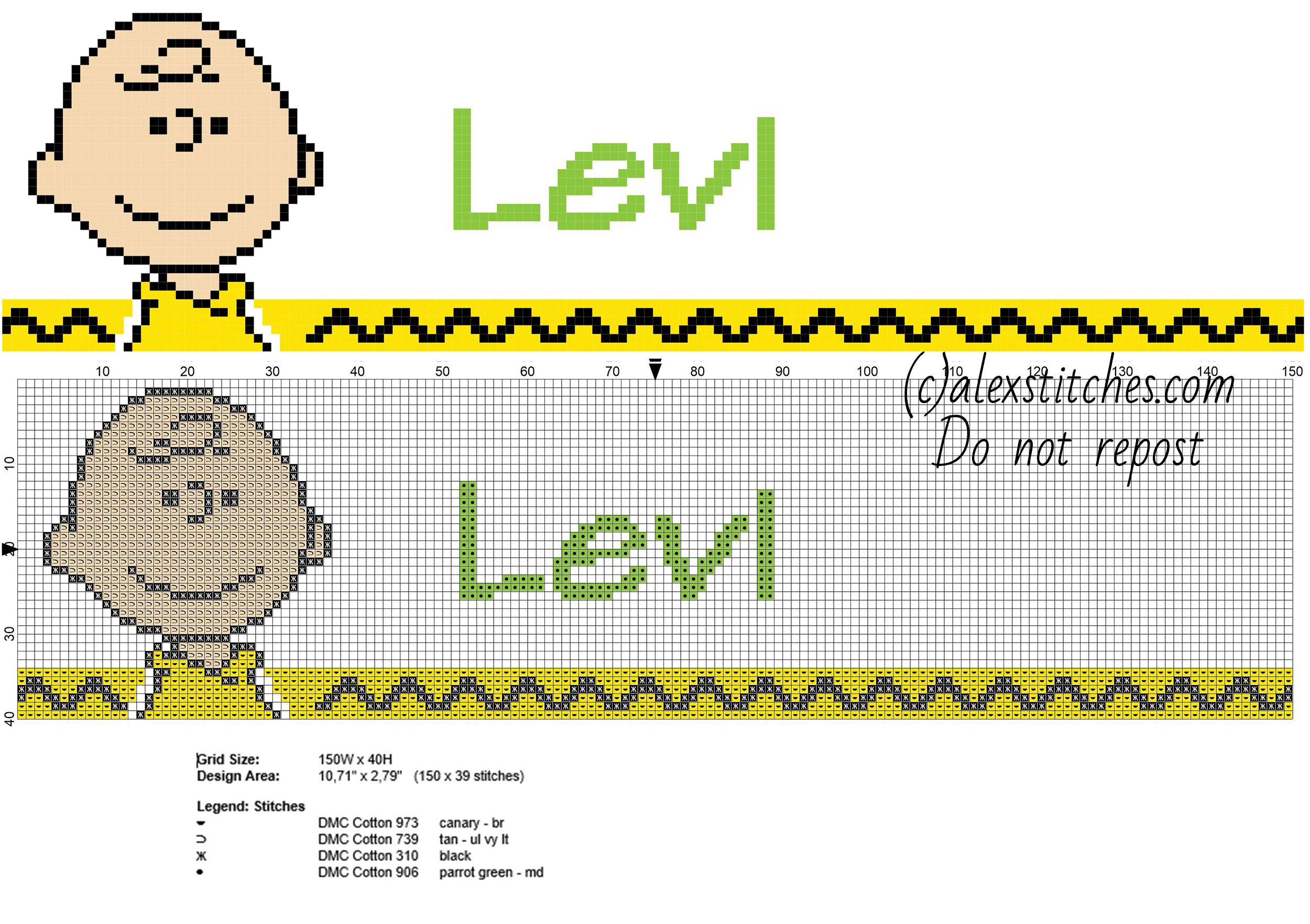 Levi cross stitch baby male name with Charlie Brown Peanuts