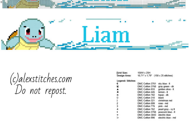 Liam baby male name with Pokemon Squirtle and water free cross stitch pattern