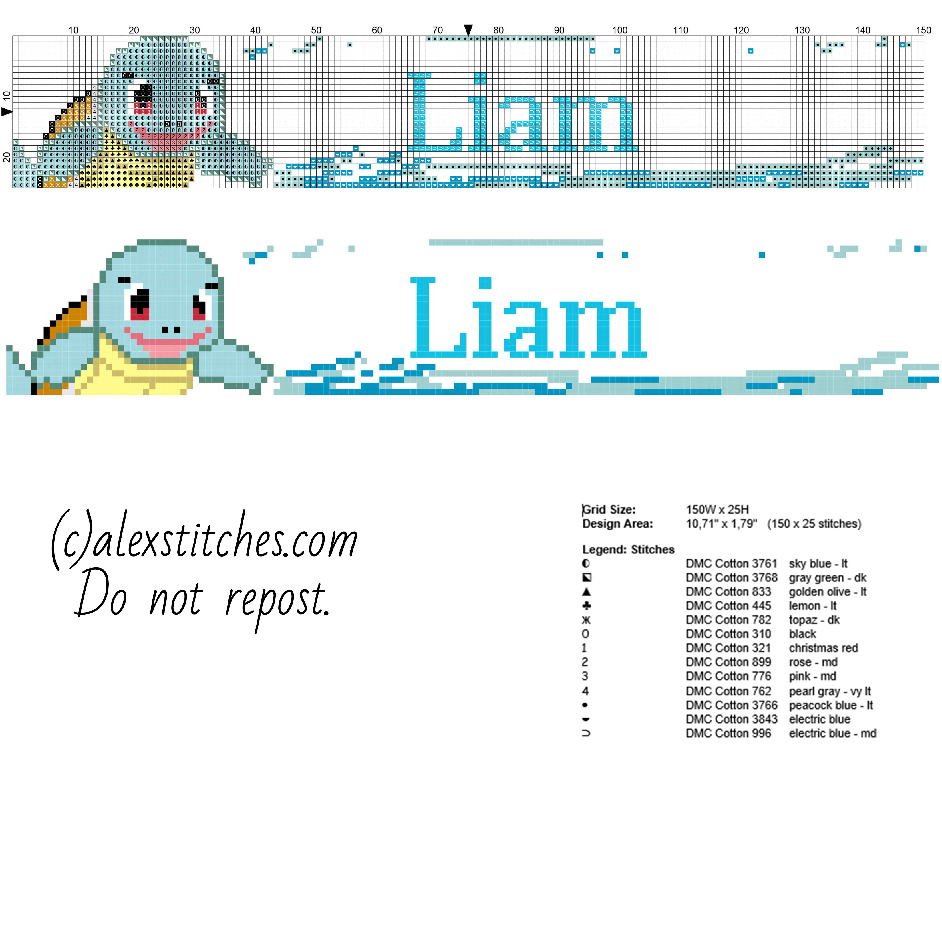 Liam baby male name with Pokemon Squirtle and water free cross stitch pattern