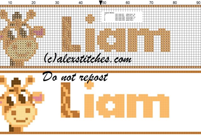 Liam name with giraffe cross stitch pattern