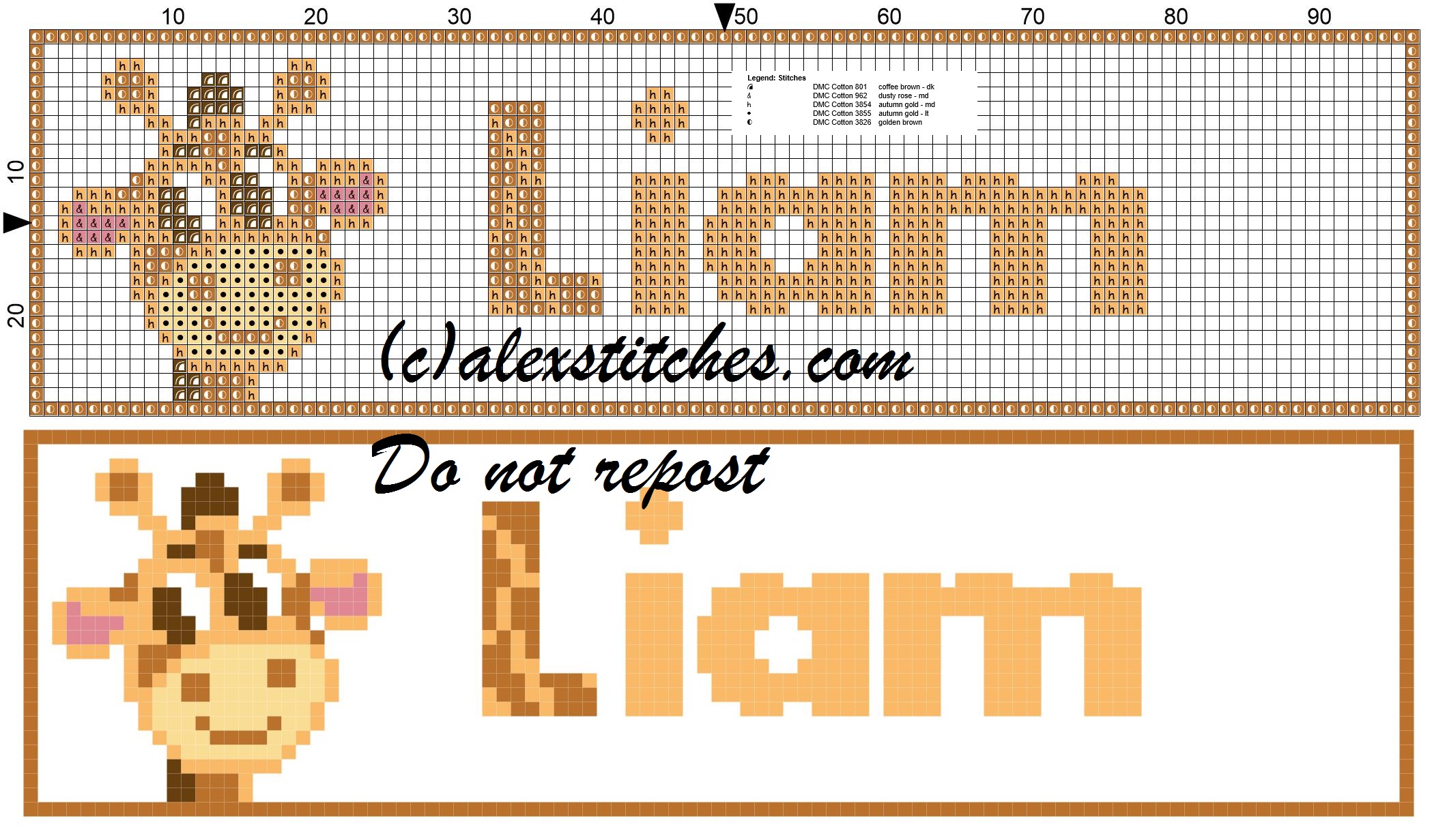 Liam name with giraffe cross stitch pattern