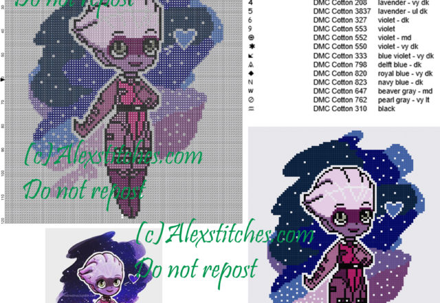 Liara Tsoni (Mass Effect) free cross stitch pattern 100x121 16 colors