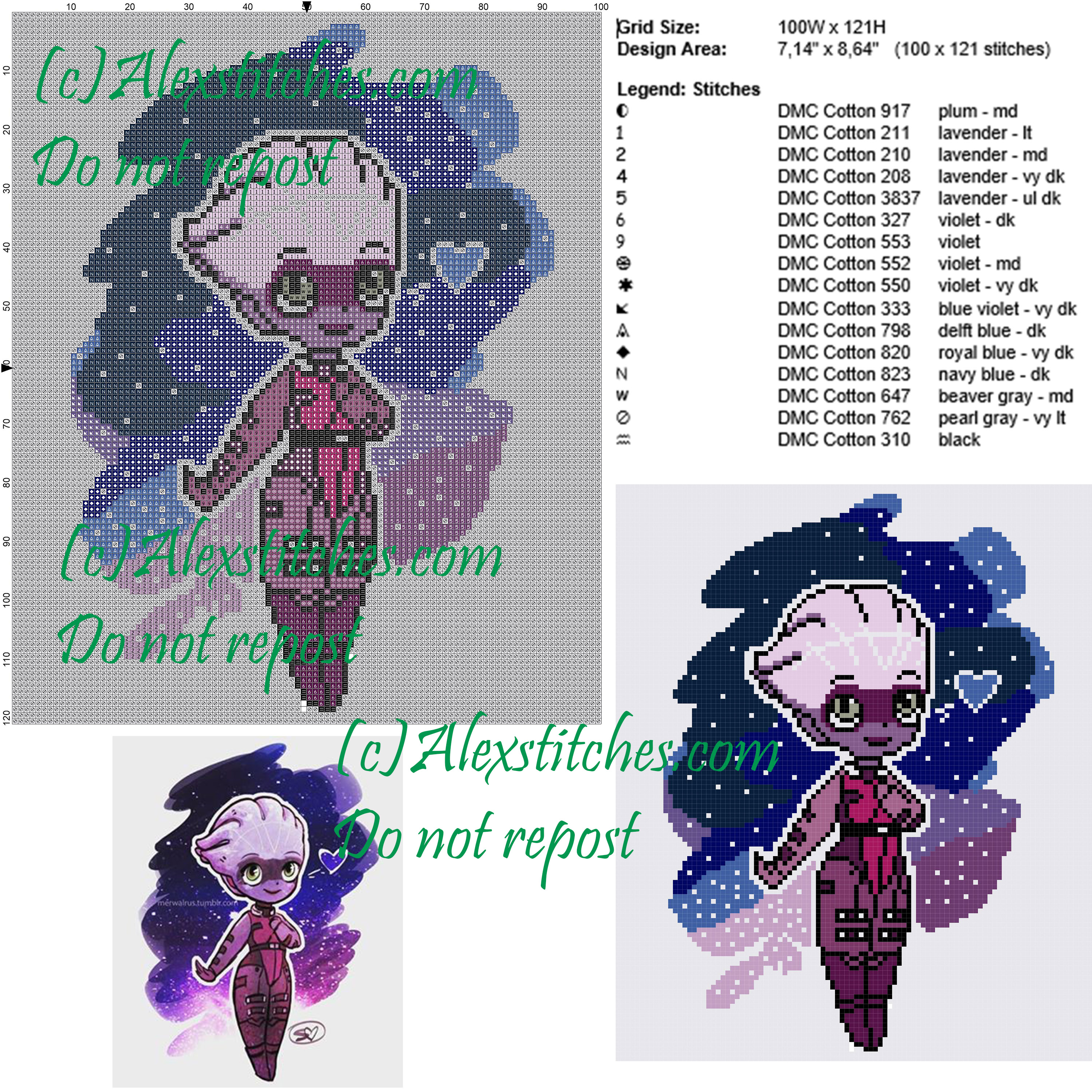 Liara Tsoni (Mass Effect) free cross stitch pattern 100x121 16 colors